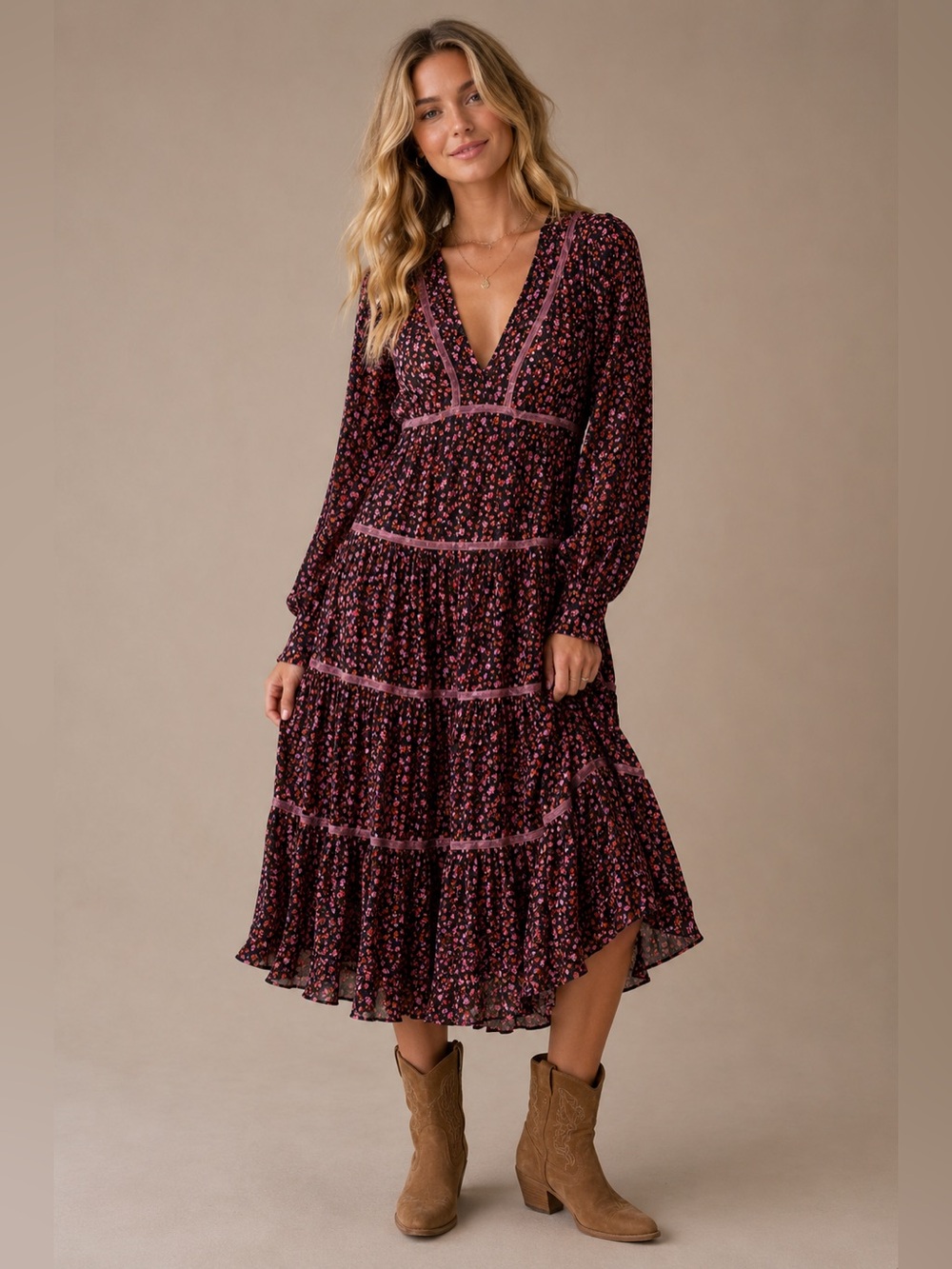 Free People Floral Boho Midi Dress Womens 10 Velvet Trim Tiered Long Sleeve